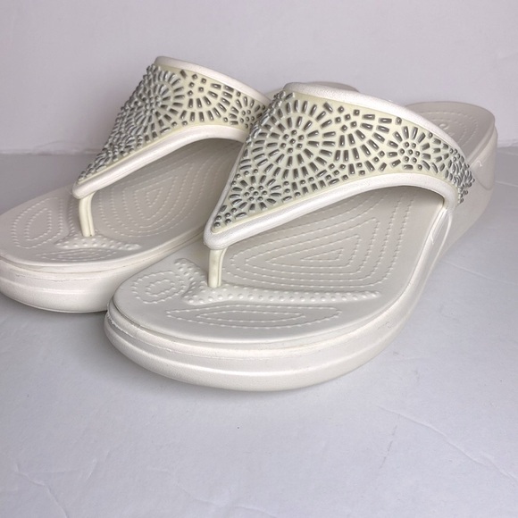 CROCS Shoes - CROCS Monterey Diamanté White Wedge Sandals with Embellished Design